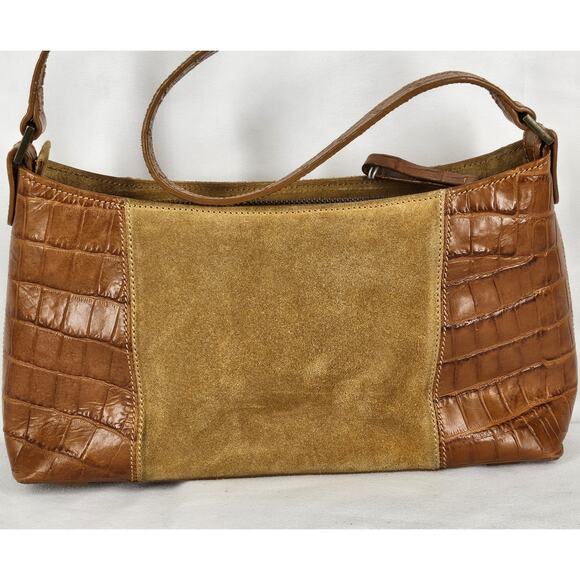 OROTON VINTAGE BROWN LEATHER AND SUEDE SHOULDER PURSE CROC PATTERN - Picture 4 of 16